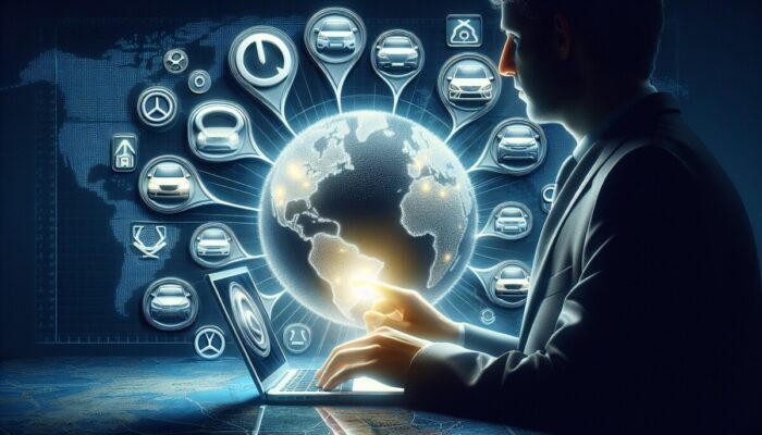 Person comparing car rental options on laptop, surrounded by company logos and world map.