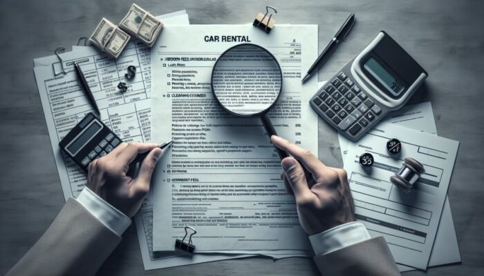 Person reviewing car rental contract, highlighting hidden fees with magnifying glass and calculator.