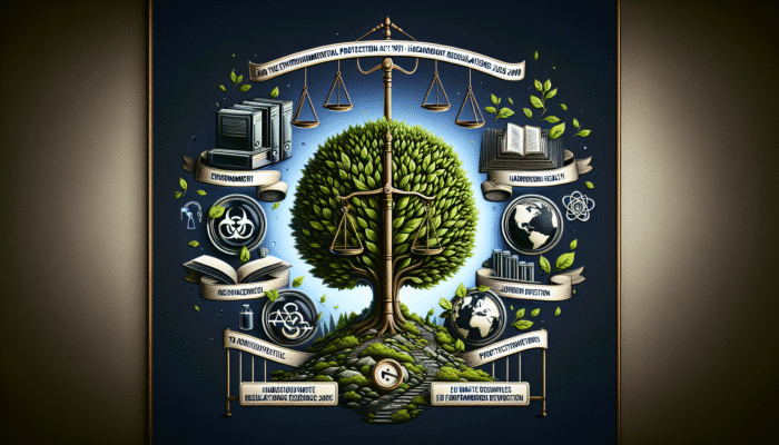 Legal documents and symbols representing key UK hazardous waste legislation for environmental and public health safety.