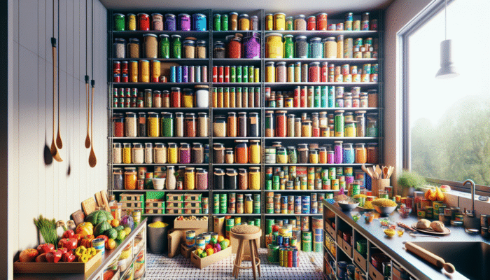 Colorful pantry ingredients on shelves, ready for easy meal preparation.