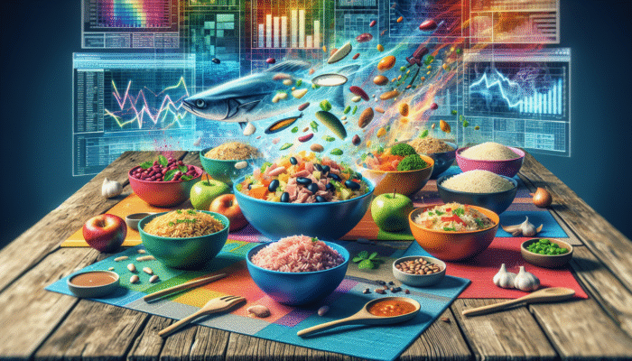 Colorful rice bowls with tuna, beans, vegetables, and sizzling Asian-style fried rice with eggs and proteins.