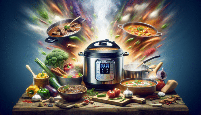 Instant Pot cooking beef stew, chicken curry, and vegetable risotto, surrounded by fresh ingredients and steam.