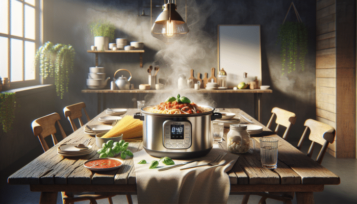 Instant Pot with cooked spaghetti and marinara sauce, topped with basil, on a rustic table.