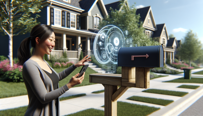 Person checking mailbox for Google Business verification postcard, smartphone showing verification steps, suburban setting.