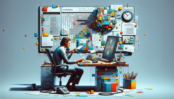 Person in office checking postcard address on computer, with calendar and phone for postal service contact.