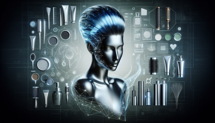 A woman showcasing sleek, luminous glass hair, styled elegantly, with premium hair care products in the background.
