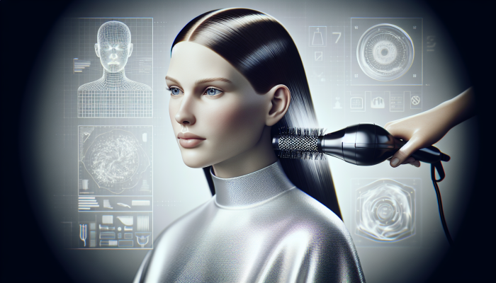 Woman using a round brush and blow dryer on low heat to create a sleek, shiny glass hair look.