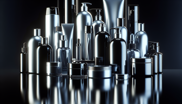 A display of sleek, shiny glass hair with an array of hair care products on a glossy black surface.