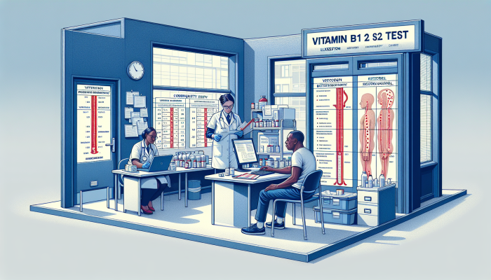 Illustration of Vitamin B12 test stages in Ilkeston clinic, showing deficiency effects from anemia to neurological damage.