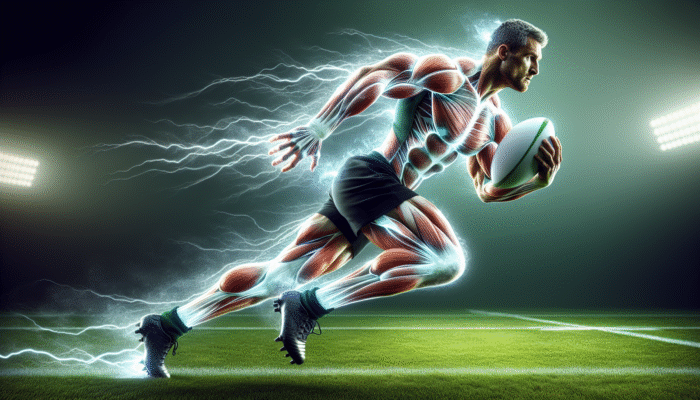 Rugby player sprinting with glowing muscles, aura of light symbolising enhanced energy from creatine.