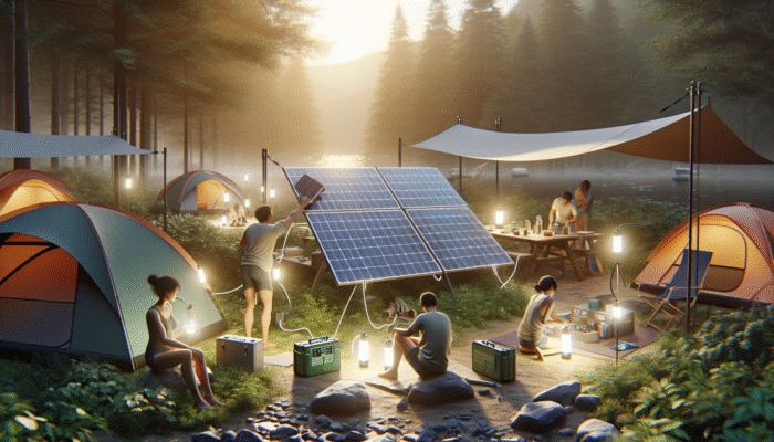 Family at campsite setting up portable solar panels, powering lights and gadgets for a hassle-free weekend retreat.