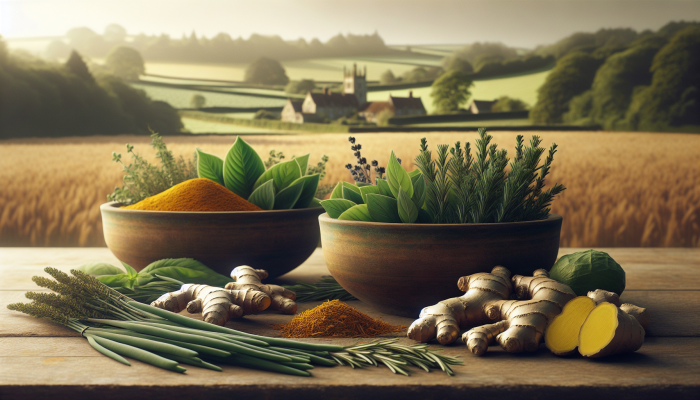 UK-sourced herbs like turmeric, ginger, and rosemary in rustic bowls, with a countryside background.