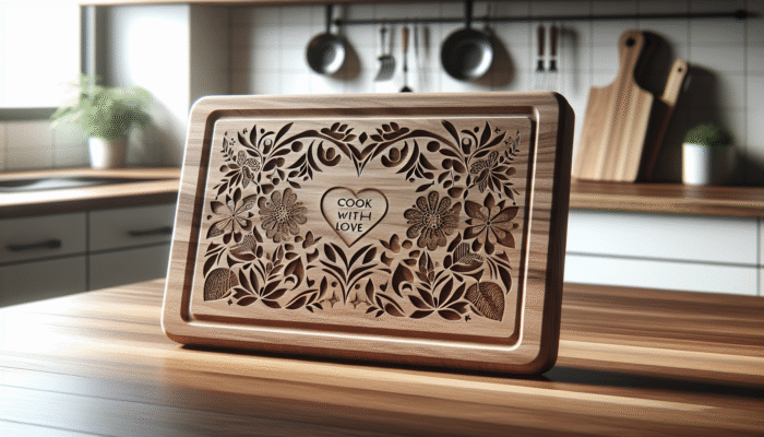 A customisable wooden cutting board with floral patterns and the quote "Cook with love."