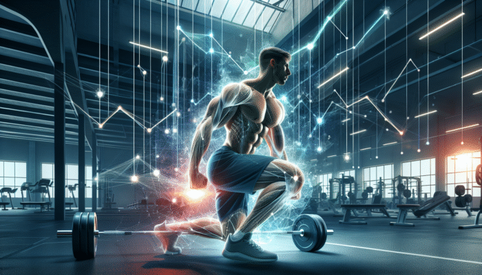 Athlete lifting weights in gym, muscles growing, surrounded by charts showing HMB's impact on muscle performance.