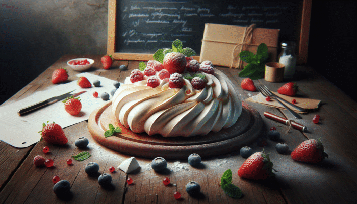 Pavlova meringue with crisp exterior and soft interior, enhanced by cornflour, on a wooden table with berries and mint.