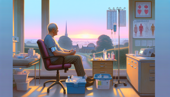 Person waiting at a clinic in Bridlington, holding a water bottle, with a sunrise in the background.