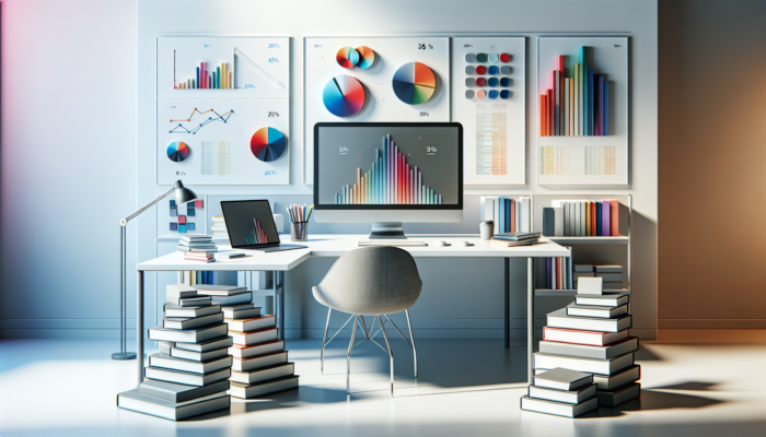 A computer displaying Google search page on desk with SEO books and graphs in a bright office.