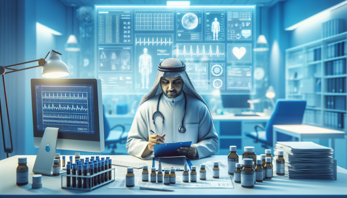 An individual calmly preparing for a cholesterol test in a tranquil medical lab adorned in calming blue hues.