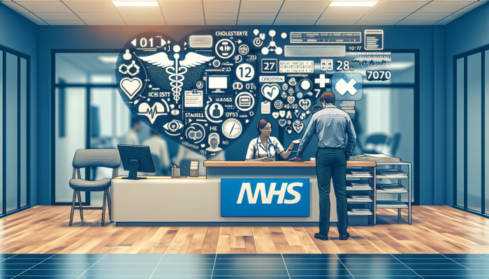 Individual scheduling a cholesterol test at a modern clinic in Caerphilly, assisted by a healthcare worker, with NHS signage visible.