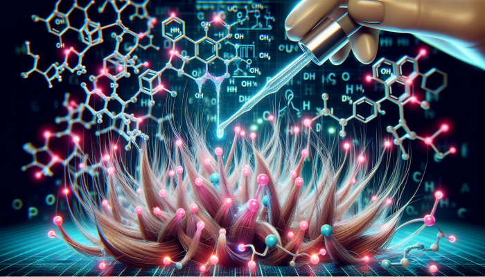 Close-up of hair strands with Olaplex treatment, showing molecular repair and restored chemical bonds.