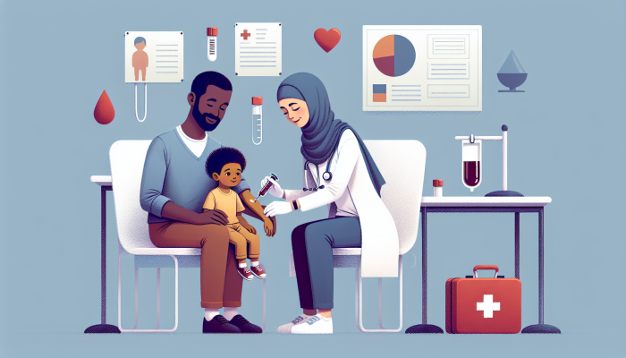 Child Blood Test Prep: A young child getting a blood test in a pediatric clinic, comforted by a parent and assisted by a smiling nurse.
