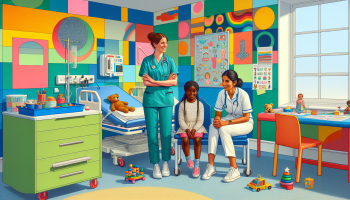 A child-friendly NHS blood testing room with colorful decor, toys, and supportive staff.