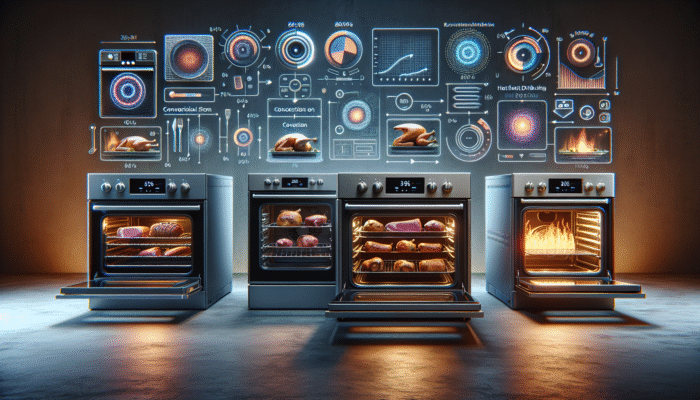 Different oven types - conventional, convection, gas - with roasting meats, showing heat distribution and efficiency.