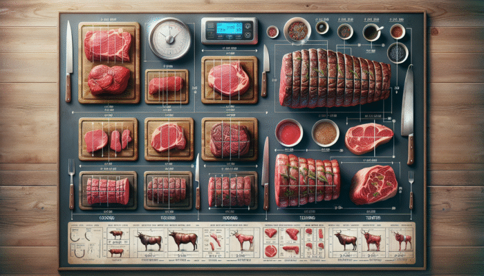 Beef roasts of varying sizes and shapes on a counter with a scale and cooking chart.