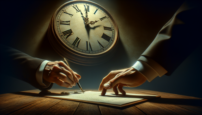 A person signing a debt consolidation loan with a clock and rising interest rates in the background, symbolizing risks.