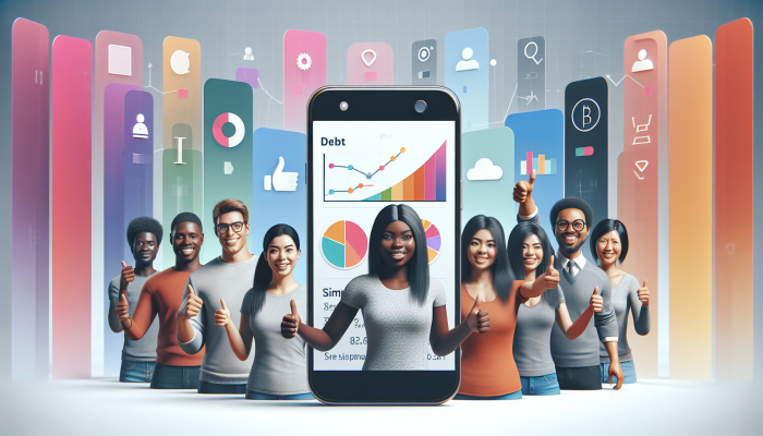 A smartphone showcasing App B's interface with graphs, surrounded by happy UK users giving thumbs up.