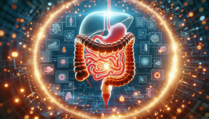 A vibrant gut interior with a glowing, repaired lining due to collagen, surrounded by amino acids like glutamine.