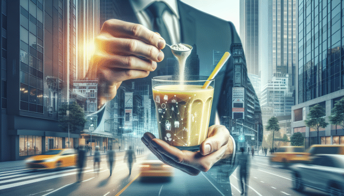 A scoop of hydrolyzed collagen dissolving into a smoothie, held by a professional in a bustling city.