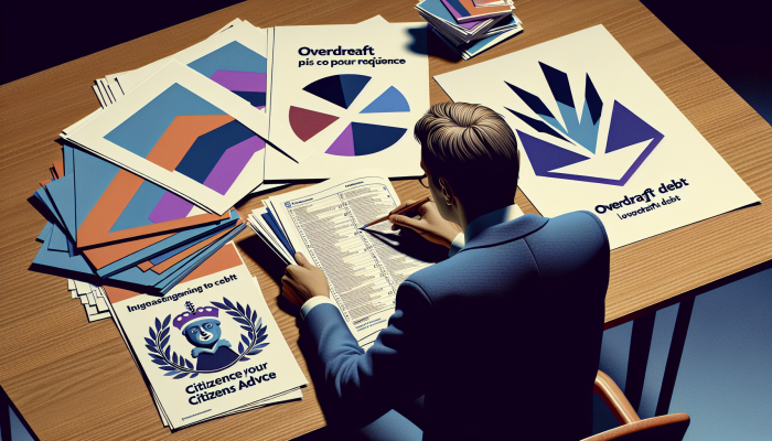 Debt Consolidation Loans for Overdraft Debt: Your UK Solution | DCL Person reviewing financial documents and budgets with UK financial advice pamphlets and Citizens Advice logo.