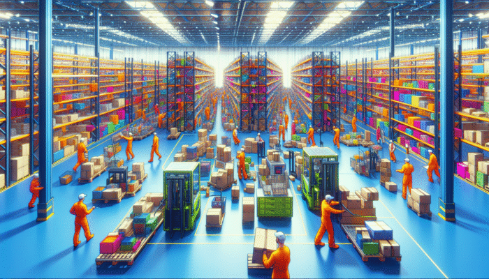 Workers in bright uniforms sorting and disposing of colorful clearance items in a vibrant warehouse using modern, eco-friendly technology.