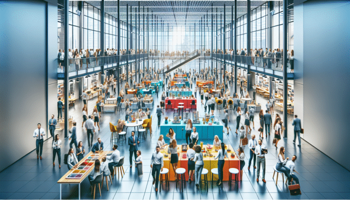 A vibrant employee sale event in a modern office with staff browsing discounted high-quality items, boosting morale.