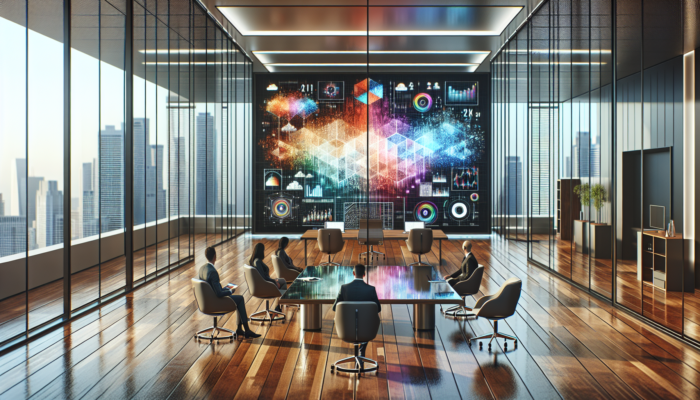 A team analysing customer data on a large digital screen in a modern office setting.