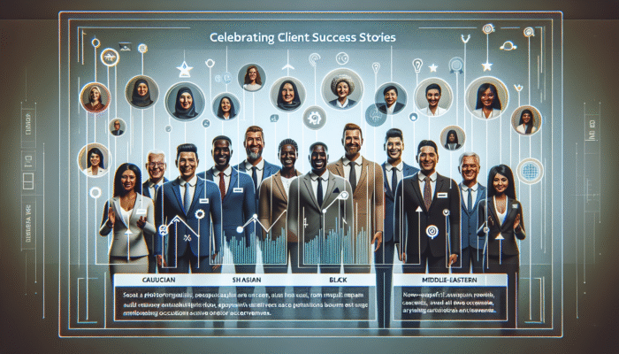 A vibrant digital display of client success stories with graphs and testimonials.