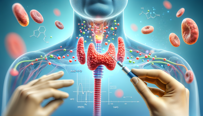 Illustration of thyroid antibody tests showing anti-TPO and TSH receptor antibodies interacting with the thyroid gland, indicating Hashimoto's and Graves' disease.