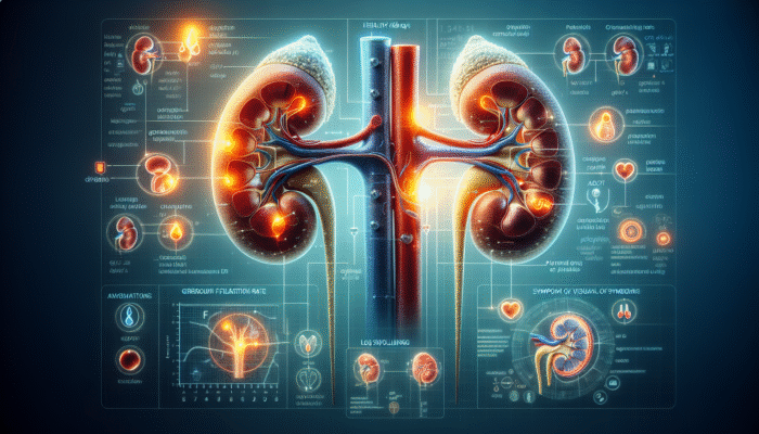 Illustration of kidneys highlighting health indicators like GFR, creatinine, urine protein, and symptoms such as fatigue, leg swelling, and changes in urination.