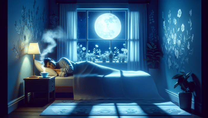 A peaceful bedroom at night with chamomile tea, moonlight, and floral motifs; person asleep.