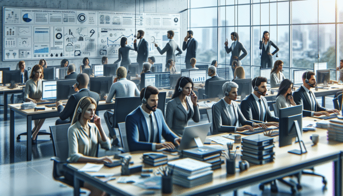 Diverse PR team in office, crafting narratives, engaging with media, managing crises strategically.