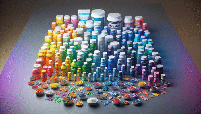 A colourful array of electrolyte supplements in powders, tablets, and drinks on a table.