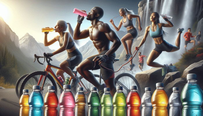 Colourful ready-to-drink electrolyte beverages with athletes hydrating during intense workouts.
