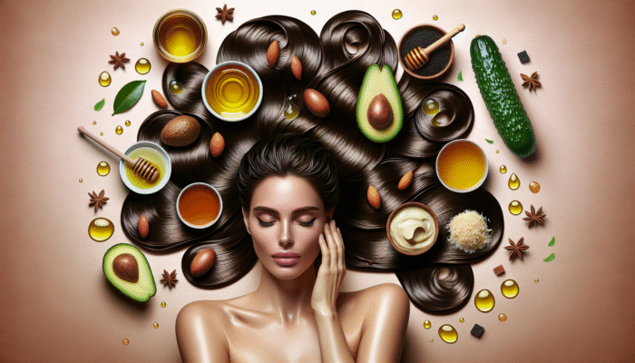 Woman applying hair mask with avocado, argan oil, and honey for deep conditioning and nourishment.