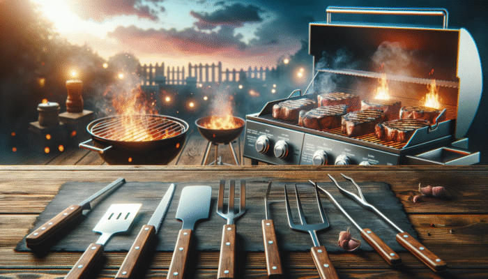 A vibrant BBQ setup with essential grilling utensils on a wooden table beside a sizzling grill with steaks.