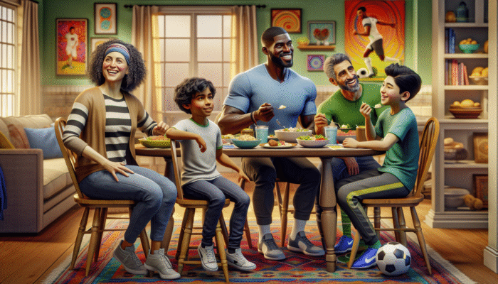 Protein in Family Fitness: A family enjoying a protein-rich meal post-soccer, looking happy and energetic in a cozy dining room.