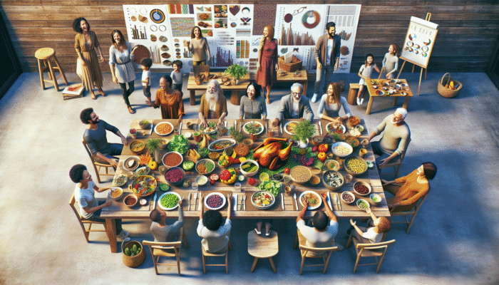 A colorful family dinner with protein-rich dishes like chicken, fish, and legumes on a rustic table.