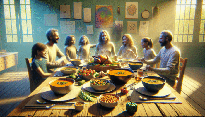 A vibrant family dinner with grilled chicken, colorful vegetables, lentil soup, and chickpea curry.