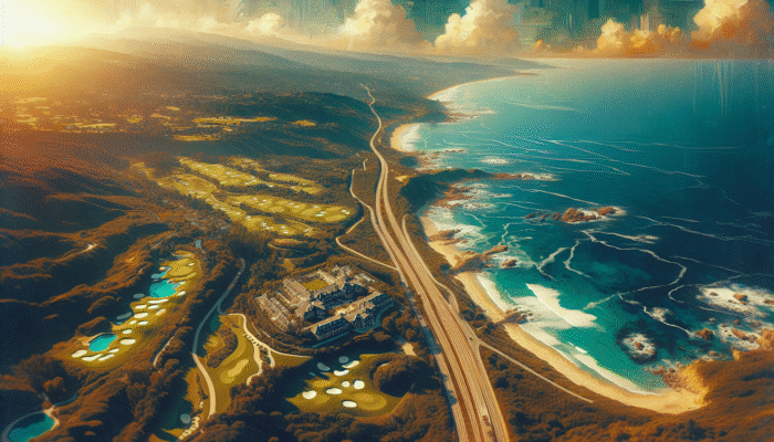 Aerial view of Wild Coast Sun Country Club along Eastern Cape's coast, showcasing strategic location and scenic N2 highway.