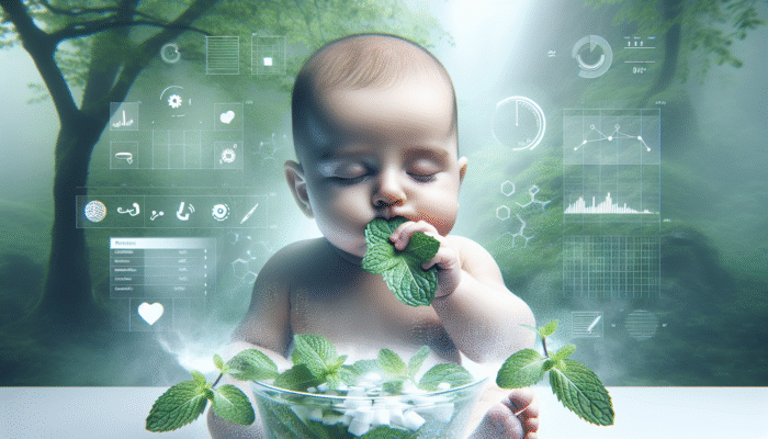 A teething baby soothed by a peppermint leaf amidst a refreshing mist, calming inflamed gums naturally.